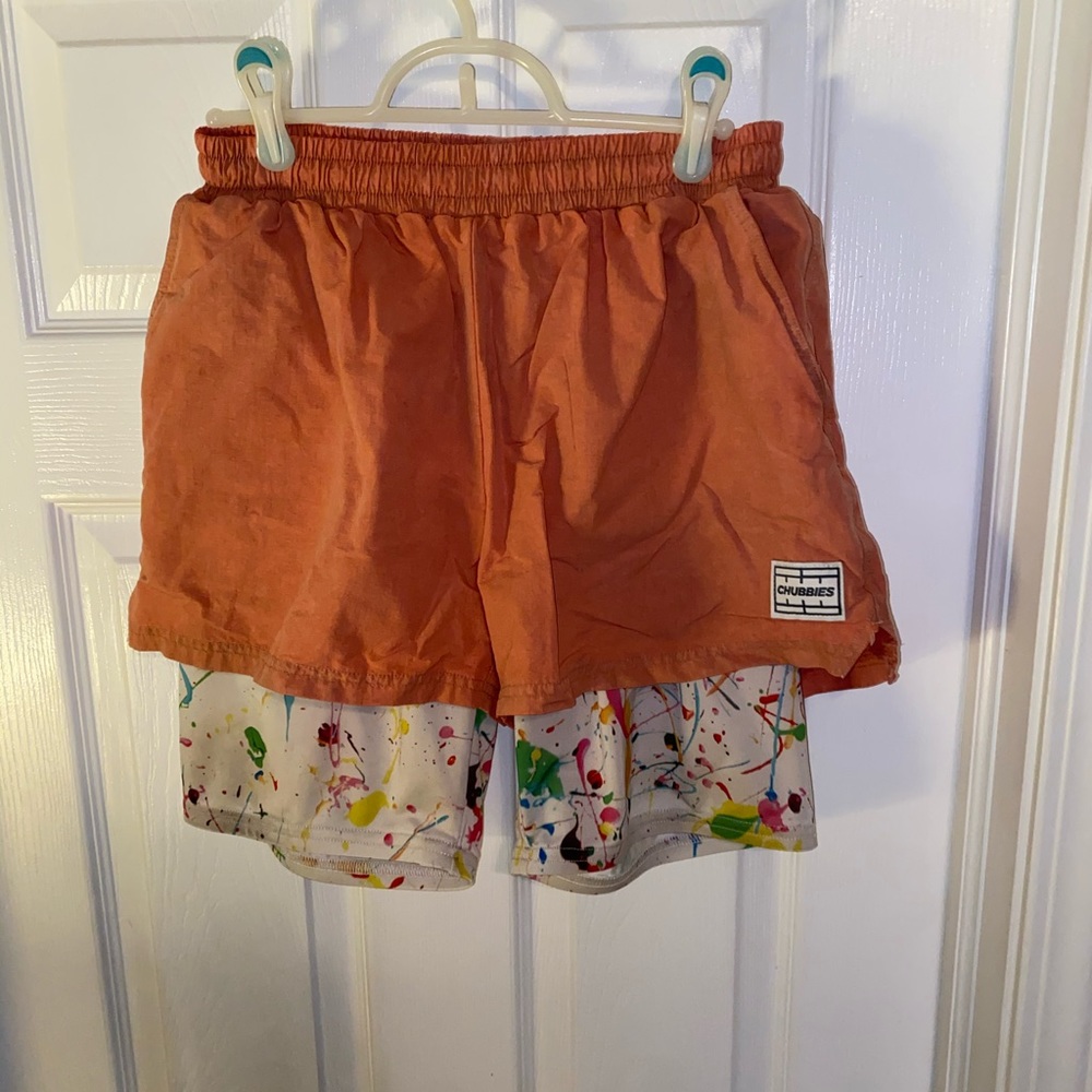 Chubbies swim trunk with paint splatter liner